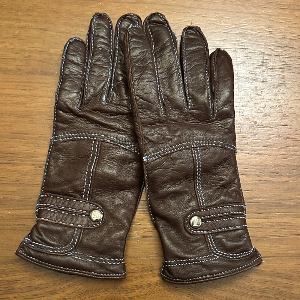 Elegant Brown Leather Gloves with Blue Stitching